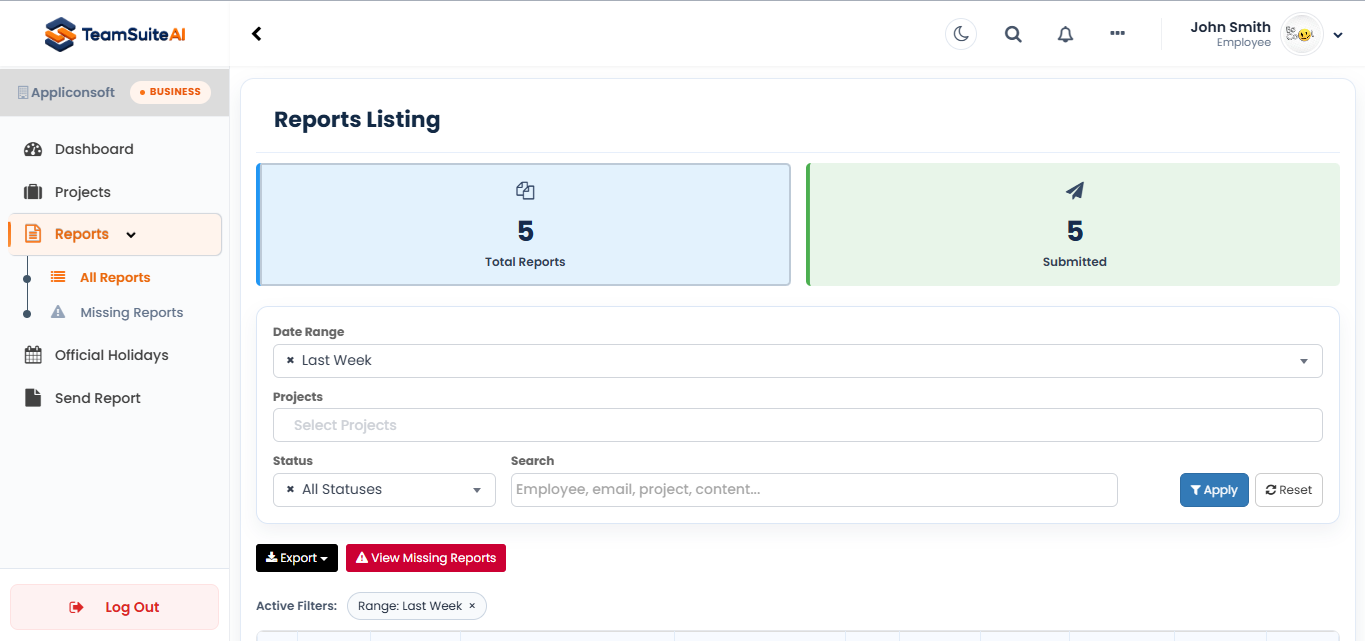 Reporting Dashboard - Get a clear view into your team's report activity. Filter by date, status, or employee to see who's on track and who's falling behind.